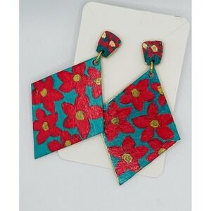 Hand-Painted Wood Square Earrings Red Teal Floral Boho Statement Dangle Drops
